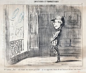 Obra de Honoré Daumier (1808-1879). Charivari data de 1854: Serie TÉCNICAS Y OFICIOS "Sr. Vautour - ¡Bien!... Esta es otra casa siendo derribada... ¡Aumentaré a cada uno de mis inquilinos en doscientos francos!" MUSEO DE BELLAS ARTES - PALACIO LONGCHAMP de Honoré Daumier