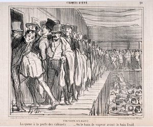 Obra de Honoré Daumier (1808-1879). Charivari data de 1858: Serie CRUQUIS DE VERANO. Una visita a los baños “La cola en la puerta de los gabinetes... - O el baño de vapor antes del baño frío” MUSEO DE BELLAS ARTES - PALACIO LONGCHAMP, MARSELLA
