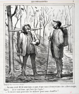Serie Les Landsagists: - Nos dijeron que viniéramos a este país y que encontraríamos hermosos árboles... ¡son buenos para hacer fagots!... ¡Si pudiéramos usarlos para calentarnos!... MUSEO DE BELLAS ARTES de Honoré Daumier