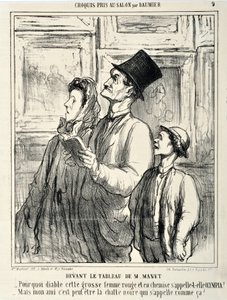 Obra de Honoré Daumier (1808-1879). Charivari data de 1865: Serie CRUQUIS PAUIT EN EL SALÓN. Delante de un cuadro de Manet “-¿Por qué diablo esta mujer gorda y roja en camisa se llama Olympia? - Pero amigo mío, ¿quizás el gato negro se llama así? MUSEO DE 
