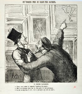Obra de Honoré Daumier (1808-1879). Charivari data de 1865: Serie Bocetos Tomados en el Salón. Un pintor caprichoso. “Aquí, ve cómo entiendo la apoteosis de un mártir... -Pero solo puedo ver los dos pies de tu persona.- La cabeza ya está en el cielo” de Honoré Daumier