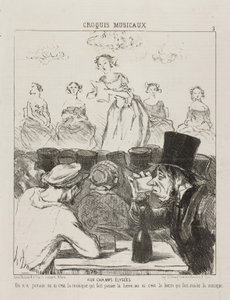 En los Campos Elíseos, nunca ha estado claro si la música hace que la cerveza baje, o la cerveza que te hace tragar la música, placa 3 de Croquis Musicaux, 1852 de Honoré Daumier