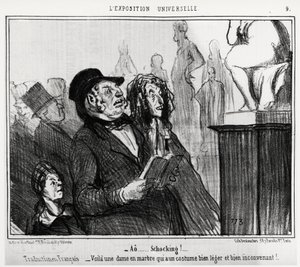 En la Exposición Mundial: "¡ao... escandaloso!", traducción francesa: aquí hay una dama de mármol que tiene un traje muy ligero e inadecuado. Ilustración de Honoré Daumier (1808-1879), publicada en las noticias, "Charivari", con fecha 1 de junio