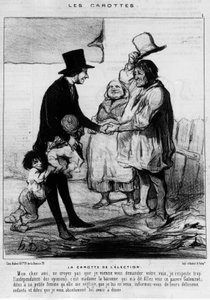 Candidato para la elección visita a una familia de campesinos: "La zanahoria de la elección" - caricatura de Daumier, en "Charivari" del 21/03/1844