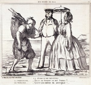 Caricatura sobre turistas parisinos de vacaciones. Serie "Ax Bains de Mer": "La pesca de camarones..." Grabado por Honoré Daumier (1808-1879). Extracto del periódico "Le Charivari" el 5 de septiembre de Honoré Daumier