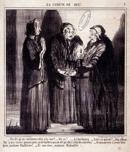 Caricatura sobre la ciencia. Serie sobre "El cometa de 1857": "¡Dicen que ya empezamos a verla!..." Grabado de Honoré Daumier (1808-1879). Extracto del periódico "Le Charivari" del 7 de marzo