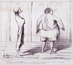 Caricatura sobre apariencias. Serie "Los Bañistas": Dile a papá Drouillet... Grabado de Honoré Daumier (1808-1879). Extracto del periódico "Le Charivari" de Honoré Daumier
