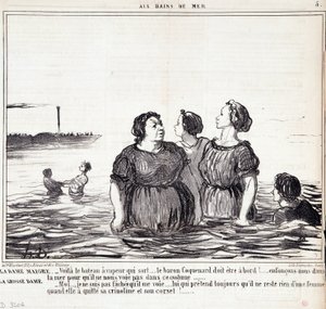 Caricatura sobre apariencias y moda. Serie “Les Bains de Mer”: La dama delgada (...), la dama gorda (...). Extracto del periódico “Le Charivari” 16 de septiembre
