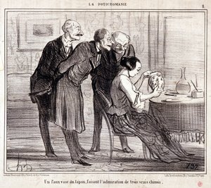 Caricatura sobre coleccionistas de arte. Serie "Potichomania": Un jarrón falso de Japón admirando a tres chinos. Grabado de Honoré Daumier (1808-1879). Extracto del periódico "Le Charivari" de Honoré Daumier