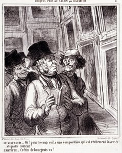 Caricatura sobre amantes del arte. Serie “Boceto tomado en el Salón por Daumier”: “Visitante: ¡Oh! por el golpe aquí hay una composición realmente insensata (...). Artista: ¡Burgués cretino, ve!”. Grabado por Honoré Daumier (1808-1879). Extracto del periód de Honoré Daumier