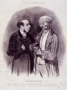 Caricatura sobre cirujanos dentales. Serie "Los Bellos Días de la Vida": Un mecánico demasiado perfecto... Grabado de Honoré Daumier (1808-1879). Extracto del periódico "Le Charivari" del 22 de septiembre de Honoré Daumier