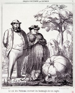 Caricatura sobre jardinería. Serie "Boceto de Otoño": El Rey de las Calabazas recibiendo tributos de sus súbditos. Grabado de Honoré Daumier (1808-1879). Extracto del periódico "Le Charivari" del 23 de septiembre de Honoré Daumier