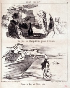 Caricatura sobre abuso gastronómico. Serie "París que bebe": "vista tomada en los Campos Elíseos durante la ola de calor. Acaba de beber un golpe terrible." Grabado por Honoré Daumier (1808-1879). Extracto del periódico "Le Charivari" el 5 de junio de Honoré Daumier