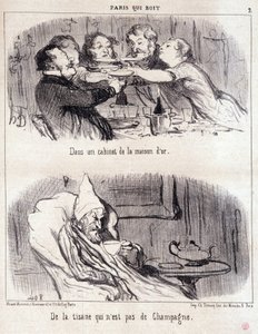 Caricatura sobre abuso gastronómico. Serie “París que bebe”: en un gabinete de la casa de oro. Tisana que no es champán. Extracto del periódico “Le Charivari” 4 de junio de Honoré Daumier