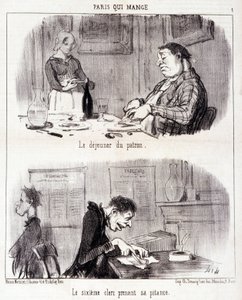 Caricatura sobre abuso gastronómico. Serie "París que come": El desayuno del jefe. El sexto empleado toma su pitanza. Grabado de Honoré Daumier (1808-1879). Extracto del periódico "Le Charivari" del 26 de junio
