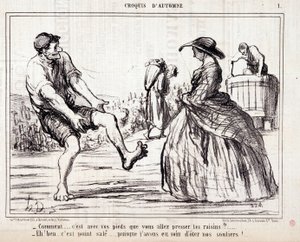 Caricatura sobre cosechadores pisando uvas descalzos. Serie "Boceto de Otoño": ¿Cómo... vas a exprimir las uvas con los pies? Grabado de Honoré Daumier (1808-1879). Extracto del periódico "Le Charivari" de Honoré Daumier