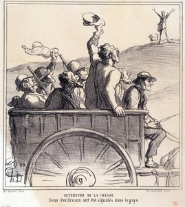 Caricatura sobre cazadores. Serie “Boceto de otoño: Apertura de la caza, dos perdices fueron señaladas en el campo”, de los periódicos "Le Charivari"