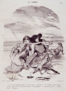 Caricatura sobre cazadores. Serie "Los hermosos días de la vida - La caza": "Te digo que lo hice irse..." Grabado por Honoré Daumier (1808-1879). Extracto del periódico "Le Charivari" el 10 de enero de Honoré Daumier