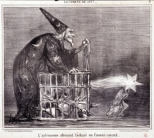 Caricatura sobre la ciencia. Serie Sobre “el Cometa de 1857”: “El astrónomo alemán dejando un pato famoso”. Grabado de Honore DAUMIER (1808-1879). Extracto del periódico “Le Charivari” 2 de marzo de Honoré Daumier
