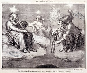 Caricatura sobre ciencia. Serie sobre “el Cometa de 1857”: “Los planetas están esperando el famoso cometa”. Grabado por Honoré Daumier (1808-1879), 25 de marzo