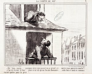 Caricatura sobre la ciencia. Serie sobre "El cometa de 1857": "Bueno vecino... ¿por qué hiciste tal grito?..." Grabado de Honoré Daumier (1808-1879). Extracto del periódico "Le Charivari" del 11 de marzo de Honoré Daumier
