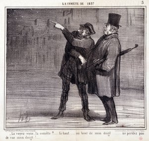 Caricatura sobre la ciencia. Serie sobre "el Cometa de 1857": "¿Ves el comité?..." Un ladrón desvía la atención de su víctima. Grabado por Honore Daumier. Extracto del periódico "Le Charivari" 19 de marzo de Honoré Daumier