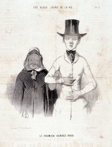 Caricatura sobre la pareja: Serie “Los Bellos Días de la Vida”: La primera cita. Extracto del periódico “Le Charivari” 2-3 de enero de Honoré Daumier