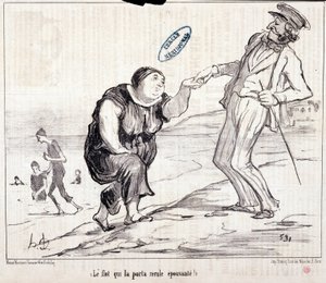 Caricatura sobre turistas de vacaciones. Serie “Ax Bains de Mer: “¡La inundación que lo llevó de vuelta aterradora!”. Grabado por Honoré Daumier (1808-1879). Extracto del periódico “Le Charivari” de Honoré Daumier