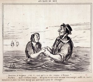 Caricatura sobre turistas de vacaciones. Serie “en los Baños de Mar”: “Señor bañista... ¿es cierto que hay tiburones en Dieppe?...” Grabado de Honore DAUMIER (1808-1879). Extracto del periódico “Le Charivari” el 8 de junio