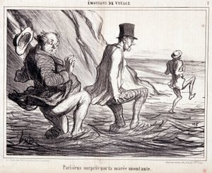 Caricatura sobre turistas de vacaciones. Serie “Les Bains de Mer”: Emociones de viaje. Parisino atrapado por la marea creciente. Extracto del periódico “Le Charivari” 8 de octubre de Honoré Daumier