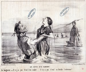 Caricatura sobre turistas de vacaciones. Serie “Les Bains de Mer”: Boceto acuático. Las secuencias de un clavado. Extracto del periódico “Le Charivari” en 1853