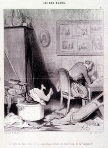 Caricatura sobre escritoras. Serie "Bas Bleus": "La madre está en el fuego de la composición, el niño está en el agua del baño!". Grabado de Honoré Daumier (1808-1879). Extracto del periódico "Le Charivari" del 20 de febrero