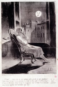 Caricatura sobre escritoras. Serie “Bas Bleus”: ¡Oh! Luna, inspírame esta noche... Extracto del periódico “Le Charivari” 28 de febrero de Honoré Daumier