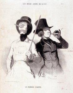 Caricatura sobre jóvenes dandis. Serie "Los Bellos Días de la Vida": "El primer cigarro". Grabado de Honoré Daumier (1808-1879). Extracto del periódico "Le Charivari" del 31 de diciembre de 1843 de Honoré Daumier