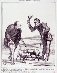 Caricatura sobre cazadores: Serie "Boceto de Otoño": Señor, dada la completa ausencia de caza, por favor concédame permiso para disparar a su perro... Grabado de Honoré Daumier (1808-1879). Extracto del periódico "Le Charivari" del 28 de septiembre de Honoré Daumier