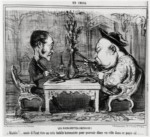 Tenedores chinos: “¡Diablo! pero tienes que ser un bastonista muy hábil para poder cenar en la ciudad en este país.”, en serie En Chine, ilustración de Honore Daumier (1808-1879), publicada en “Charivari” de Honoré Daumier