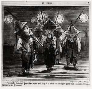 Patrulla china, guerreros que tomaron demasiado al pie de la letra las instrucciones que les dieron para iluminar la marcha del enemigo. En la serie En Chine, ilustración de Honoré Daumier, publicada en “Charivari”, fechada el 25 de enero