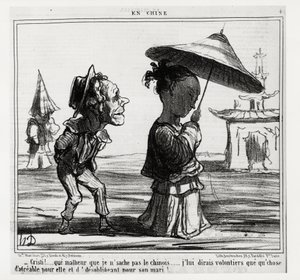 ¡Cristi! No sé cómo hablar chino... ¡Con gusto le diré algo agradable para ella y despectivo para su esposo!... En la serie En Chine, ilustración de Honoré Daumier, publicada en “Charivari”, fechada el 12 de enero