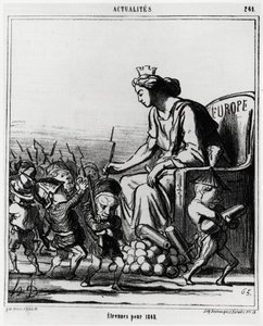 Europa: extranjera para 1868. Europa distribuye armas y cañones a cada representante de los países, reconocibles por su sombrero. Ilustración de Honoré Daumier, publicada en las noticias, “Charivari”, fechada el 23 de diciembre de 1867 de Honoré Daumier