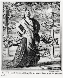 Europa: la nube de patos oscureciendo el aire tanto que la pobre Europa ya no sabe qué camino tomar. Ilustración de Honoré Daumier, publicada en las noticias, “Charivari”, fechada el 22 de octubre