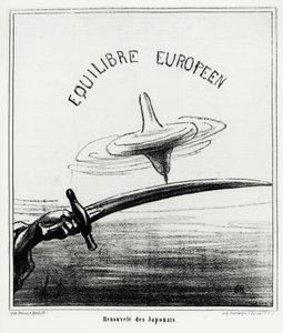 Equilibrio europeo: Renacimiento japonés. Justo después de la restauración del régimen imperial en Japón, tras la renuncia del shogunato Tokugawa en noviembre de 1867. Ilustración de Honoré Daumier, publicada en las noticias, “Charivari”, fechada el 30 de  de Honoré Daumier