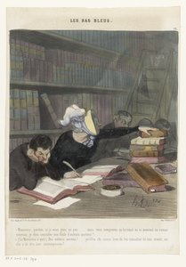 Figuras detrás de una mesa de lectura en una biblioteca pública
Les Bas Bleus (título de la serie en el objeto) de Honoré Daumier