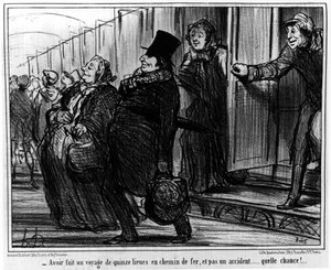 Habiendo hecho un ferrocarril de quince millas, y sin un accidente... ¡qué suerte!... : de la serie “Actualidades”, serie de caricaturas sobre los ferrocarriles de Honoré Daumier. “Charivari”