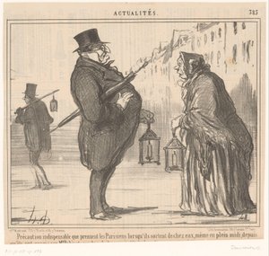 Monsieur Prudhomme en een oude vrouw pone lantaarn en un paraguas Precaución esencial que toman los parisinos cuando salen de sus casas (...) (título sobre objeto) Noticias (título de la serie) Noticias (título de la serie en el objeto) de Honoré Daumier