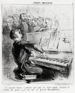Bocetos musicales: un caballero que quiere demostrar que puede cantar y tocar el piano al mismo tiempo, lo cual es muy vergonzoso. Ilustración de Honore Daumier (1808-1879), publicada en “Charivari”, fecha 17 de febrero de 1852. de Honoré Daumier