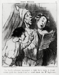 Bocetos musicales: una familia melómana comenzando a repetir en la mañana la gran canción que tenían que cantar en la noche en el concierto dado a Mr. Coquardeau. Ilustración de Honoré Daumier, publicada en 