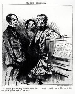 Bocetos musicales: la canción que te ves obligado a tragar después de la cena: sonata ejecutada por la hija de la casa, una joven prodigio de seis años. Ilustración de Honoré Daumier, publicada en 