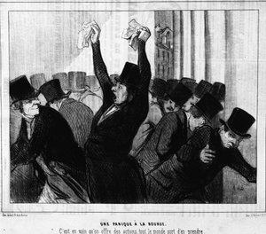 Pánico en la bolsa. Fue en vano que se ofrecieron acciones, todos se alejaron de ellas: de "Actualidades", una serie de caricaturas sobre la bolsa de valores de Honoré Daumier (1808-1879). Charivari de Honoré Daumier