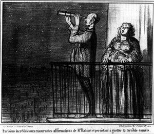 Parisienses incrédulos ante las afirmaciones tranquilizadoras del señor Babient y persistentes en vigilar el terrible cometa, caricatura de Honoré Daumier. “Charivari” de Honoré Daumier