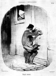 Pasada la medianoche. hombre regresando tarde al inquilino, de “Inquilinos y Propietarios”, serie de caricaturas de Honoré Daumier (1808-1879). “Charivari” de Honoré Daumier